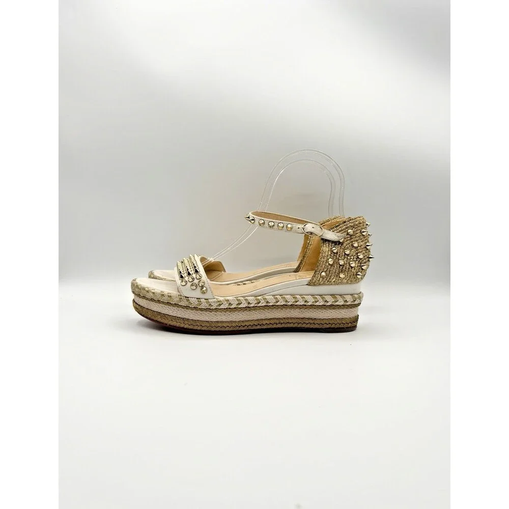 Christian Louboutin Madmonica 60 White Leather Gold Spike Wedge Espadrille EU 37